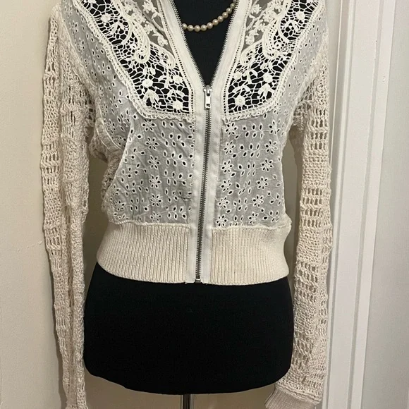 Free People White Lace zipper Crochet Cardigan - Picture 10 of 11
